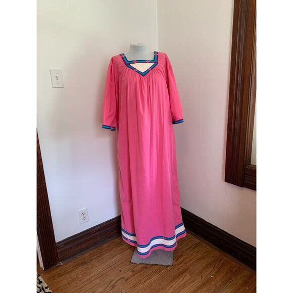 VTG 60 70 Maxi Dress Embellishments Pink Mumu House Dress Aztec Southwest Cotton - Picture 9 of 17